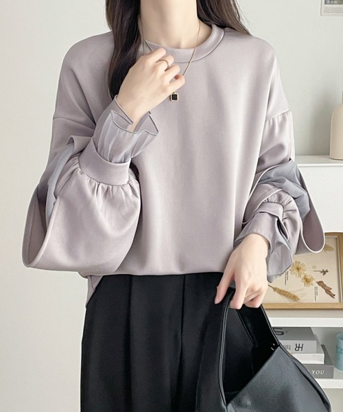 ABITOKYO(アビトーキョー)の「袖スリットシアーオーガンジードッキングダンボールニットスウェット(スウェット・レディース・ブラウン/ホワイト/ブラック/ピンク/グレー・M/L)」の3枚目の写真