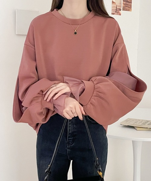ABITOKYO(アビトーキョー)の「袖スリットシアーオーガンジードッキングダンボールニットスウェット(スウェット・レディース・ブラウン/ホワイト/ブラック/ピンク/グレー・M/L)」の5枚目の写真