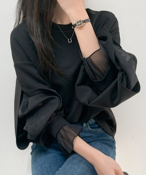 ABITOKYO(アビトーキョー)の「袖スリットシアーオーガンジードッキングダンボールニットスウェット(スウェット・レディース・ブラウン/ホワイト/ブラック/ピンク/グレー・M/L)」の2枚目の写真