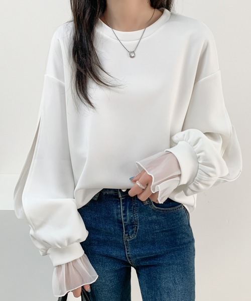 ABITOKYO(アビトーキョー)の「袖スリットシアーオーガンジードッキングダンボールニットスウェット(スウェット・レディース・ブラウン/ホワイト/ブラック/ピンク/グレー・M/L)」の7枚目の写真