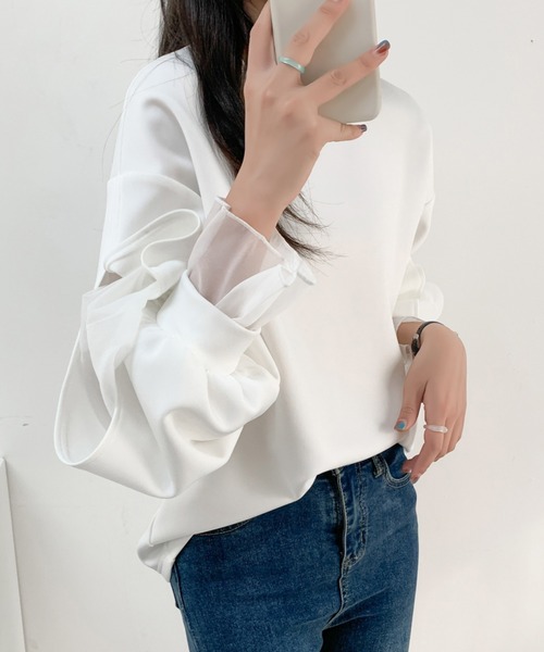 ABITOKYO(アビトーキョー)の「袖スリットシアーオーガンジードッキングダンボールニットスウェット(スウェット・レディース・ブラウン/ホワイト/ブラック/ピンク/グレー・M/L)」の16枚目の写真