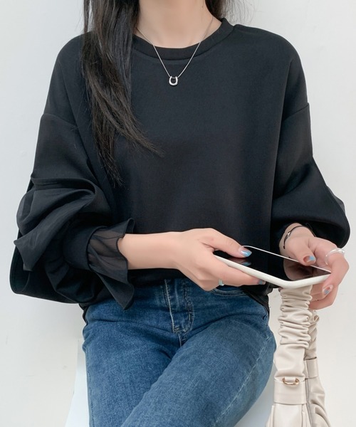 ABITOKYO(アビトーキョー)の「袖スリットシアーオーガンジードッキングダンボールニットスウェット(スウェット・レディース・ブラウン/ホワイト/ブラック/ピンク/グレー・M/L)」の9枚目の写真
