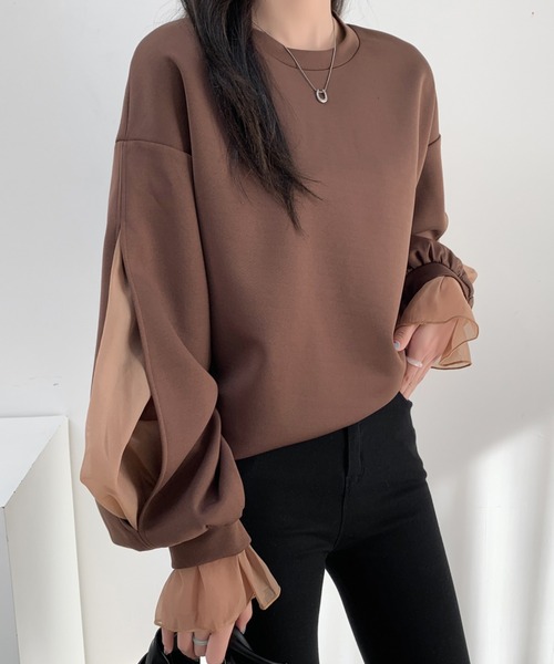 ABITOKYO(アビトーキョー)の「袖スリットシアーオーガンジードッキングダンボールニットスウェット(スウェット・レディース・ブラウン/ホワイト/ブラック/ピンク/グレー・M/L)」の8枚目の写真