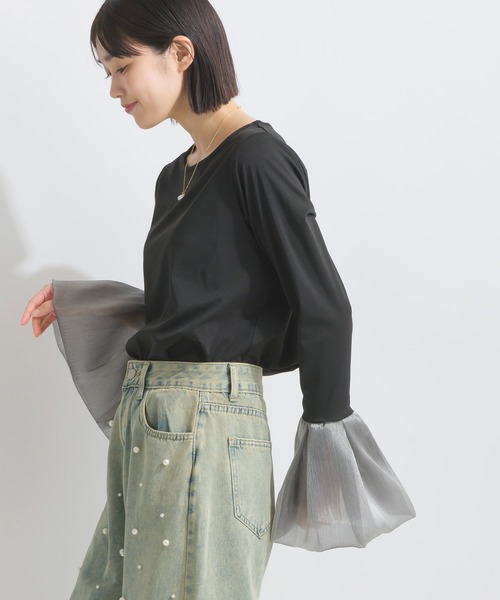 PICCIN(ピッチン)の「【WEB限定】ロングスリーブ 異素材カフス 長袖カットソー(Tシャツ/カットソー・レディース・ブラック/オフホワイト・M)」の3枚目の写真