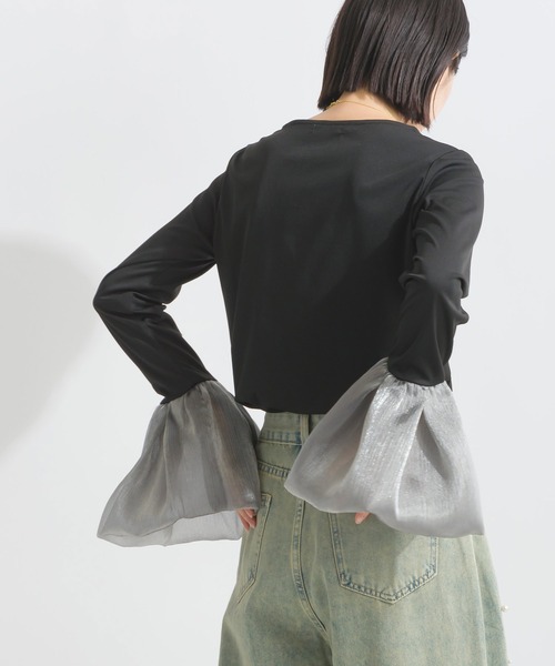 PICCIN(ピッチン)の「【WEB限定】ロングスリーブ 異素材カフス 長袖カットソー(Tシャツ/カットソー・レディース・ブラック/オフホワイト・M)」の4枚目の写真