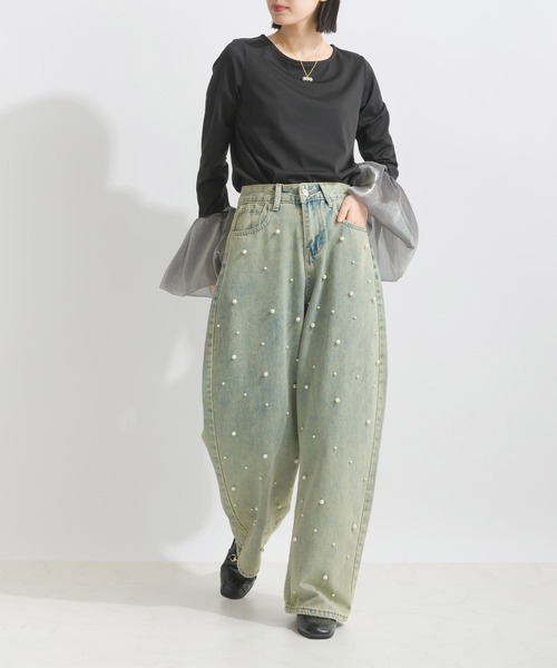 PICCIN(ピッチン)の「【WEB限定】ロングスリーブ 異素材カフス 長袖カットソー(Tシャツ/カットソー・レディース・ブラック/オフホワイト・M)」の6枚目の写真