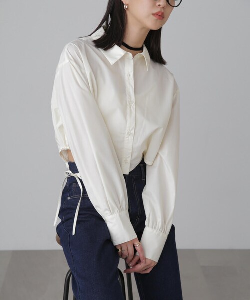 FREE'S MART（フリーズマート）の「◆裾ドロストカッティングショート丈シャツ（シャツ/ブラウス・レディース・ブラック/ブルー/ホワイト・FREE）」の8枚目の写真