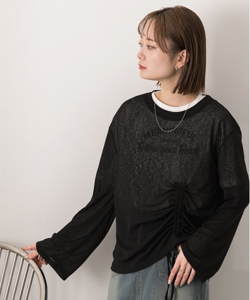 ad thie(アドティエ)の「オーバーサイズ サイドドロストプルオーバー(Tシャツ/カットソー・レディース・オフホワイト/ブラック/パープル/ピンク/グリーン・FREE)」の12枚目の写真