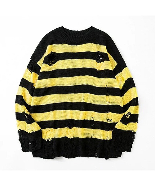 【Bz】【WARAIJOGO】ダメージ加工オーバーサイズボーダーニット（ニット/セーター）｜WARAIJOGO（ワライジョウゴ）