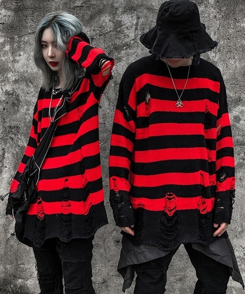 【Bz】【WARAIJOGO】ダメージ加工オーバーサイズボーダーニット（ニット/セーター）｜WARAIJOGO（ワライジョウゴ）