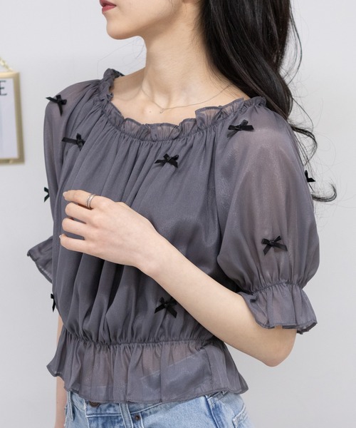pumpkin port(パンプキンポート)の「シャイニーシアー リボン付き プルオーバー ブラウス(シャツ/ブラウス・レディース・アイボリー/ブラック/グレー・M)」の19枚目の写真