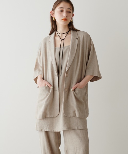 LARUTA（ラルータ）の「【LARUTA】リネンライク半袖テーラージャケット（テーラードジャケット・レディース・ブラック/ライトベージュ・FREE）」の8枚目の写真