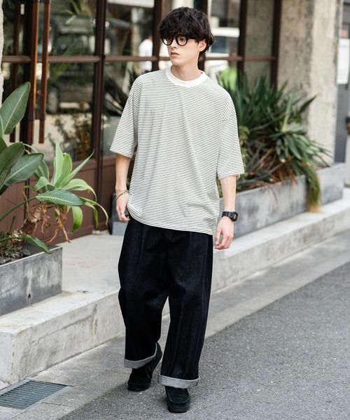 Rocky Monroe(ロッキーモンロー)の「オーバーサイズマイクロボーダー半袖Tシャツ(Tシャツ/カットソー・メンズ・ホワイト/ブラック/ネイビー・XL/L/M)」の6枚目の写真
