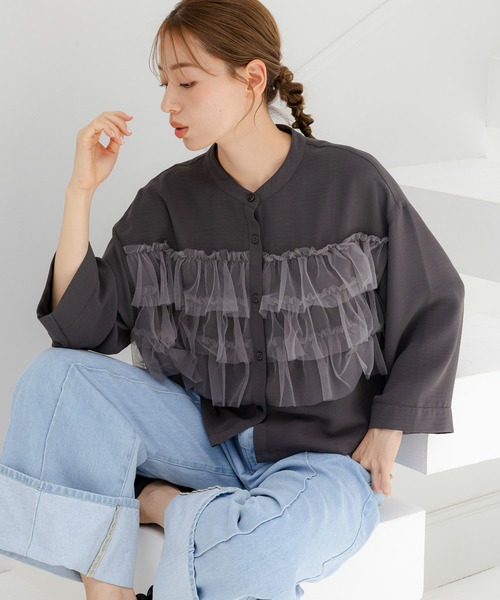 LAKOLE(ラコレ)の「チュールドッキングシャツ6分袖 / 140464(シャツ/ブラウス・レディース・ブラック/グレー/ホワイト・SMALL/MEDIUM)」の3枚目の写真