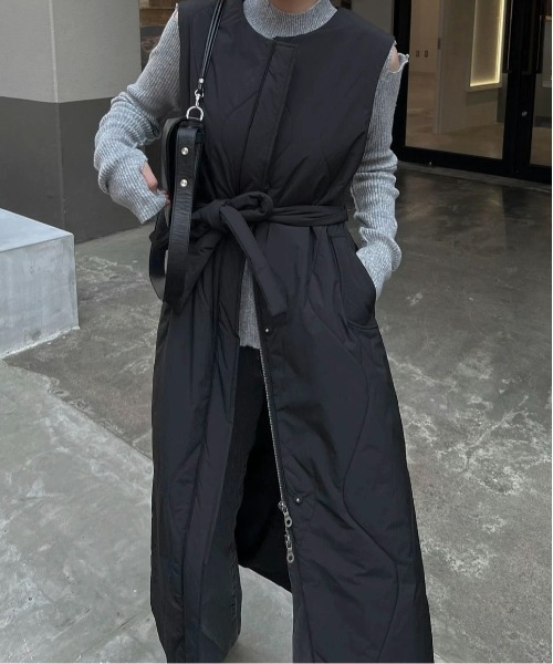 【willfully】gilet layered flare long coat short frill jacket × wave quilting long gilet set coat