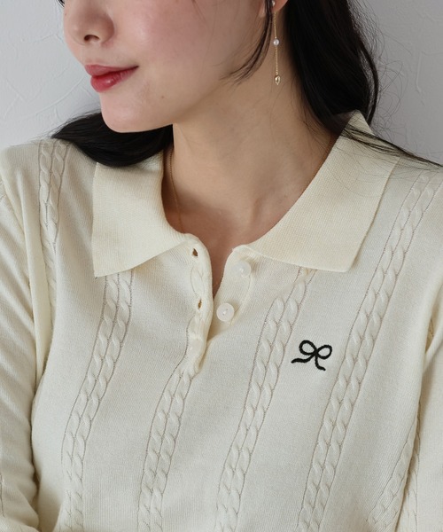 ワンポイントリボン刺繍ケーブルニット（ニット/セーター