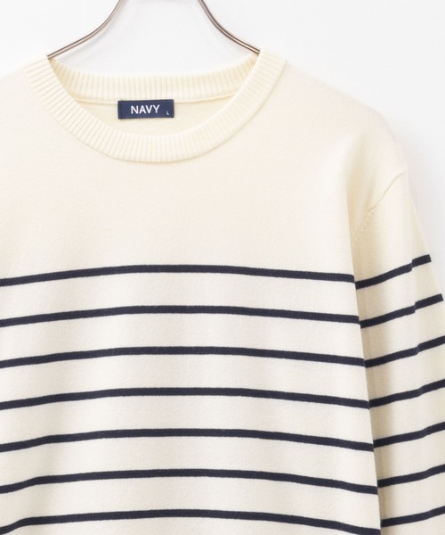 NAVY(ネイビー)の「【ストレッチ 洗える 抗ピル 静電気軽減 抗菌防臭】素肌ニットボーダーセーター(ニット/セーター・メンズ・ネイビー/アイボリー・S/M/L/XL)」の1枚目の写真