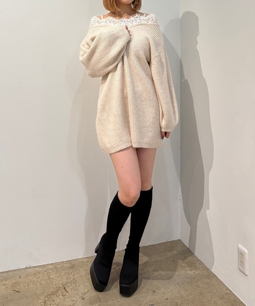 INTER FACTORY(インターファクトリー)の「オフショルニットワンピース made in INTER FACTORY(Tシャツ/カットソー・レディース・ピンク/アイボリー・MT/MEDIUM)」の13枚目の写真