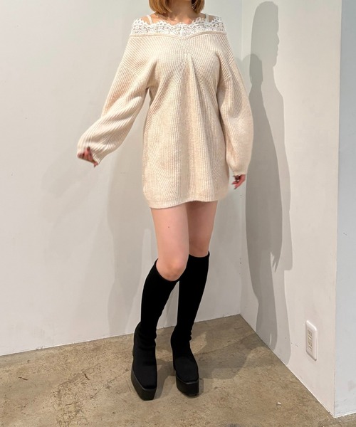 INTER FACTORY(インターファクトリー)の「オフショルニットワンピース made in INTER FACTORY(Tシャツ/カットソー・レディース・ピンク/アイボリー・MT/MEDIUM)」の4枚目の写真