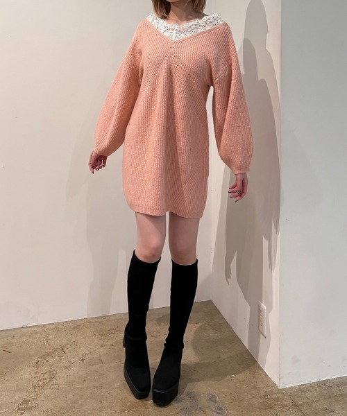 INTER FACTORY(インターファクトリー)の「オフショルニットワンピース made in INTER FACTORY(Tシャツ/カットソー・レディース・ピンク/アイボリー・MT/MEDIUM)」の6枚目の写真