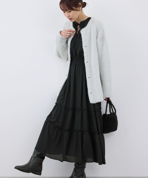 【再入荷】リュクス ひざ下丈ワンピース ブラック ベルト 再入荷】リュクス ひざ下丈ワンピース ブラック ベルト