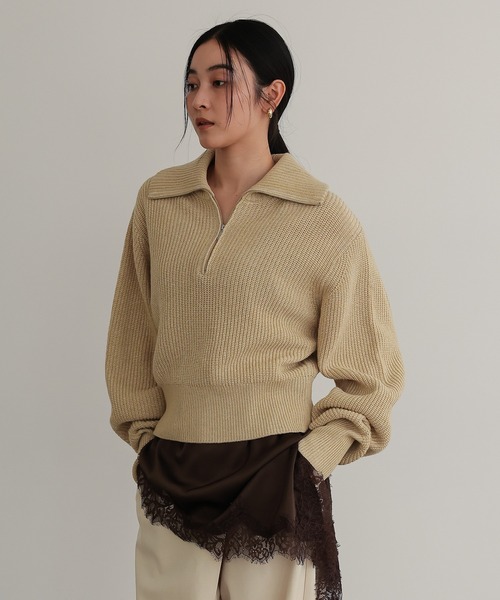 TENTO（テント）の「ハーフジップニットプルオーバー（ニット/セーター・レディース・チャコールグレー/ベージュ/イエロー・FREE）」の8枚目の写真