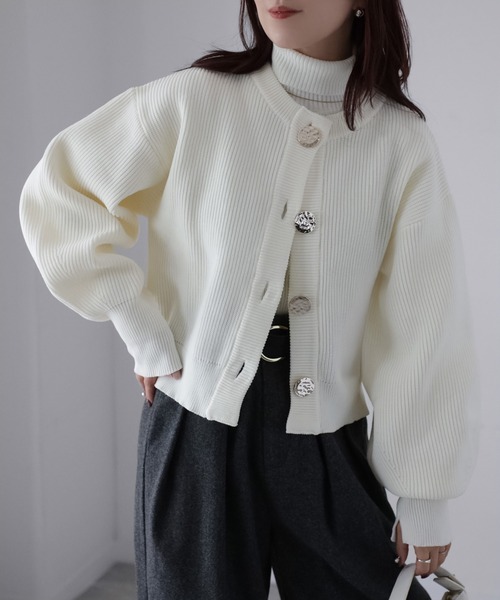 セール】ビックボタン畦編みニットショートカーディガン（カーディガン