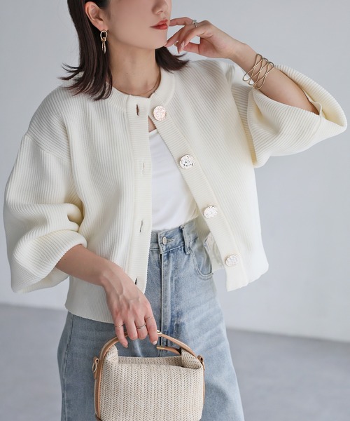セール】ビックボタン畦編みニットショートカーディガン