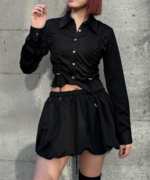 【jiasecond.】シャーリングシャツ/ トップス シャツ シャーリング コード クロップド ショート 羽織り ブラック ブルー ZOZOTOWN限定