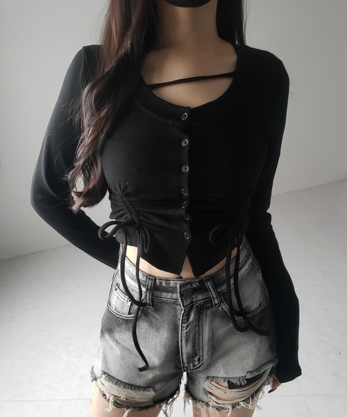 me+em select(ミームセレクト)の「【 2color / 裏起毛 】ナナメストラップダブルシャーリングリボントップス / naname strap double shirring ribbon tops(Tシャツ/カットソー・レディース・ブラック/ホワイト・FREE)」の17枚目の写真