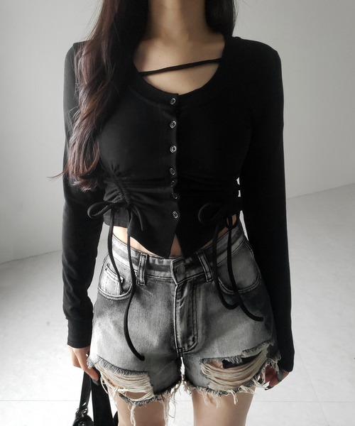 me+em select(ミームセレクト)の「【 2color / 裏起毛 】ナナメストラップダブルシャーリングリボントップス / naname strap double shirring ribbon tops(Tシャツ/カットソー・レディース・ブラック/ホワイト・FREE)」の18枚目の写真