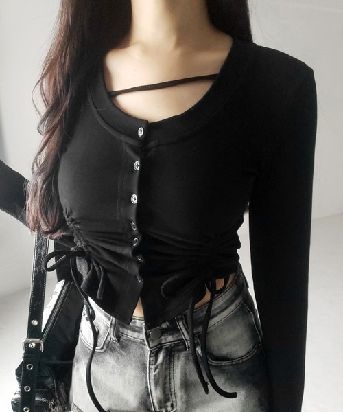 me+em select(ミームセレクト)の「【 2color / 裏起毛 】ナナメストラップダブルシャーリングリボントップス / naname strap double shirring ribbon tops(Tシャツ/カットソー・レディース・ブラック/ホワイト・FREE)」の13枚目の写真