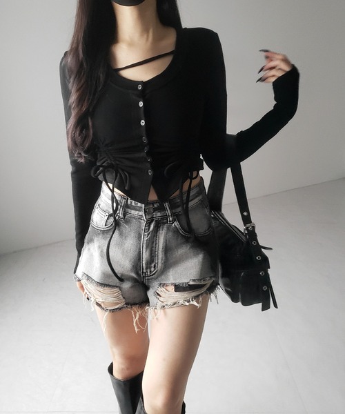 me+em select(ミームセレクト)の「【 2color / 裏起毛 】ナナメストラップダブルシャーリングリボントップス / naname strap double shirring ribbon tops(Tシャツ/カットソー・レディース・ブラック/ホワイト・FREE)」の19枚目の写真