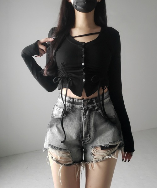 me+em select(ミームセレクト)の「【 2color / 裏起毛 】ナナメストラップダブルシャーリングリボントップス / naname strap double shirring ribbon tops(Tシャツ/カットソー・レディース・ブラック/ホワイト・FREE)」の21枚目の写真