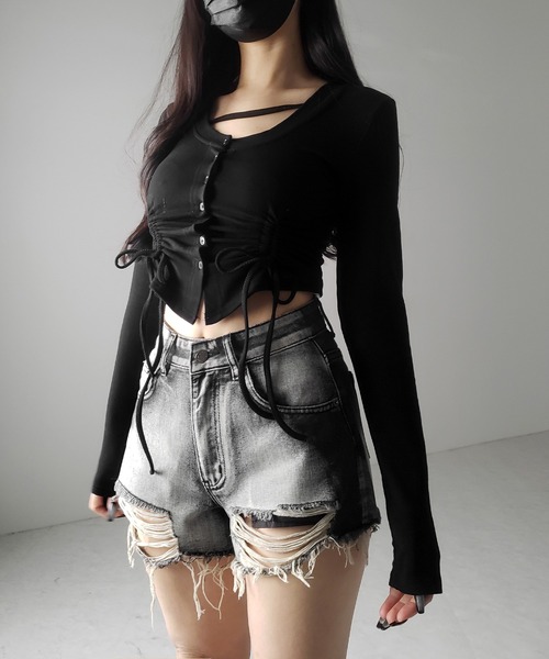 me+em select(ミームセレクト)の「【 2color / 裏起毛 】ナナメストラップダブルシャーリングリボントップス / naname strap double shirring ribbon tops(Tシャツ/カットソー・レディース・ブラック/ホワイト・FREE)」の22枚目の写真