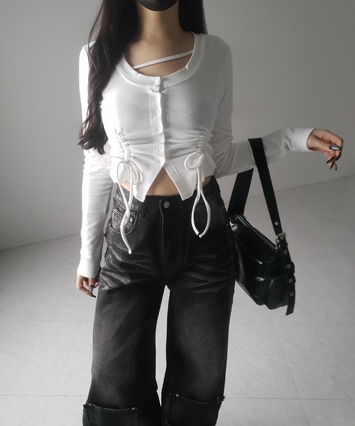 me+em select(ミームセレクト)の「【 2color / 裏起毛 】ナナメストラップダブルシャーリングリボントップス / naname strap double shirring ribbon tops(Tシャツ/カットソー・レディース・ブラック/ホワイト・FREE)」の9枚目の写真