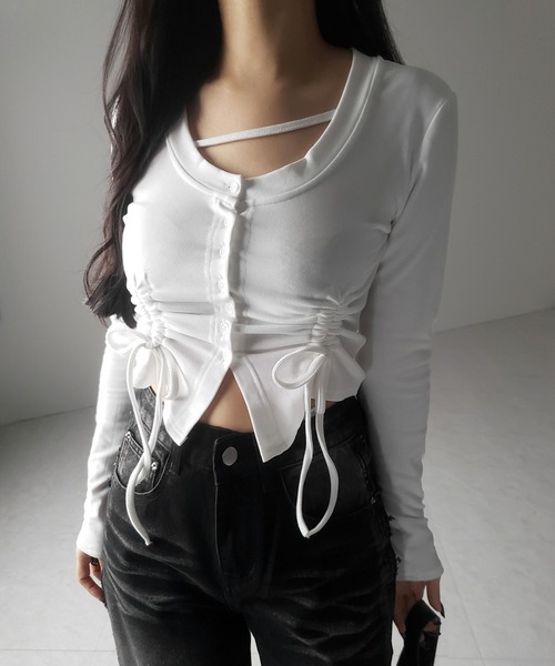 me+em select(ミームセレクト)の「【 2color / 裏起毛 】ナナメストラップダブルシャーリングリボントップス / naname strap double shirring ribbon tops(Tシャツ/カットソー・レディース・ブラック/ホワイト・FREE)」の12枚目の写真