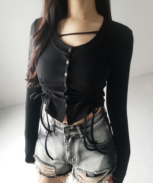 me+em select(ミームセレクト)の「【 2color / 裏起毛 】ナナメストラップダブルシャーリングリボントップス / naname strap double shirring ribbon tops(Tシャツ/カットソー・レディース・ブラック/ホワイト・FREE)」の14枚目の写真