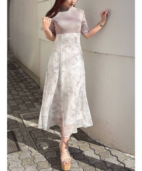 新品 レイヤード花柄ニットドッキングワンピース アイボリー SS MERCURYDUO ワンピース レイヤード花柄ニットドッキング