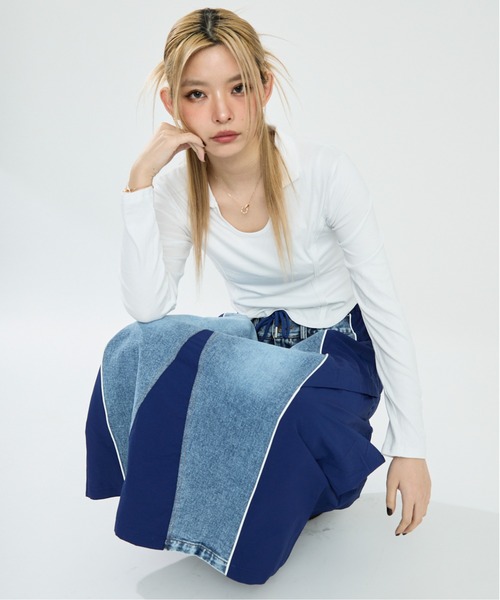 Clum（クルム）の「デニムドッキングナイロンスカート（スカート・レディース・カーキ/ブルー・FREE）」の15枚目の写真