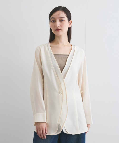ketty(ケティ)の「シアーツイルレイヤードジャケット≪洗濯機で洗える≫(ノーカラージャケット・レディース・ベージュ/ブラック/オフホワイト・M)」の1枚目の写真