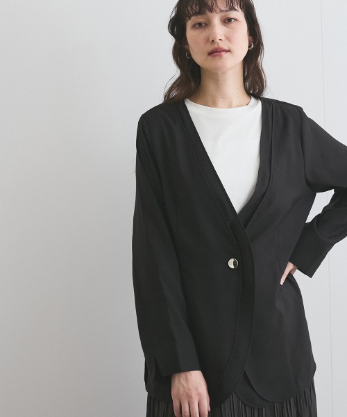 ketty(ケティ)の「シアーツイルレイヤードジャケット≪洗濯機で洗える≫(ノーカラージャケット・レディース・ベージュ/ブラック/オフホワイト・M)」の2枚目の写真