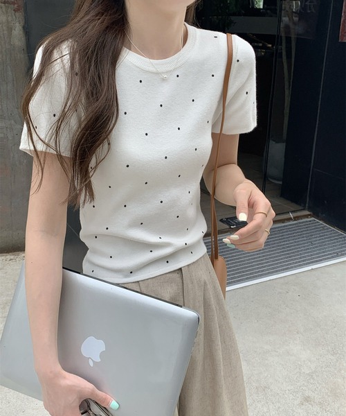 Girly Doll(ガーリードール)の「クルーネックドット半袖ニット(Tシャツ/カットソー・レディース・ホワイト/ブラック/ベージュ/グレー・FREE)」の9枚目の写真