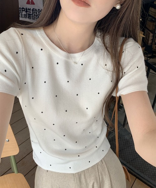 Girly Doll(ガーリードール)の「クルーネックドット半袖ニット(Tシャツ/カットソー・レディース・ホワイト/ブラック/ベージュ/グレー・FREE)」の16枚目の写真