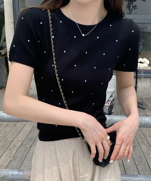 Girly Doll(ガーリードール)の「クルーネックドット半袖ニット(Tシャツ/カットソー・レディース・ホワイト/ブラック/ベージュ/グレー・FREE)」の17枚目の写真