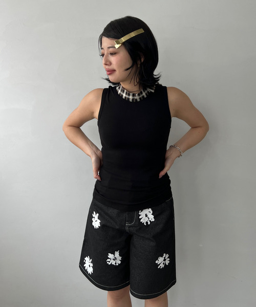 コントラストフラワープリント ミドル丈デニムパンツ FC25K055