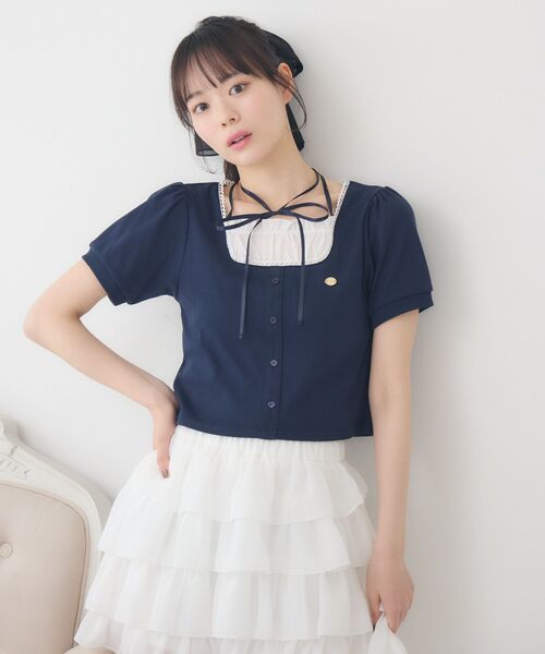 ems excite（エムズエキサイト）の「前釦切替デザインCT（Tシャツ/カットソー・レディース・ダークブルー/ピンク/ブラック・FREE）」の14枚目の写真