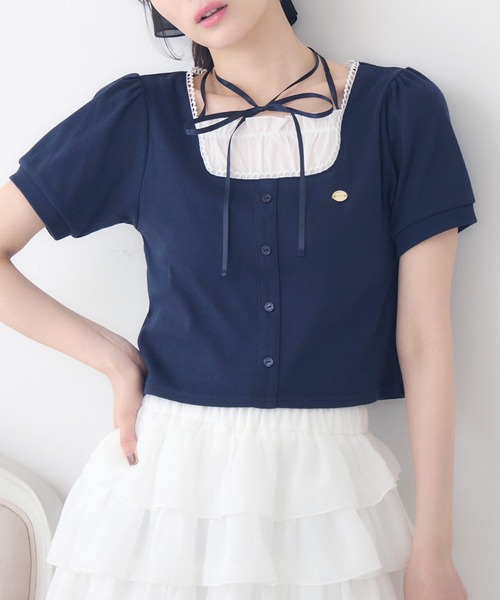 ems excite（エムズエキサイト）の「前釦切替デザインCT（Tシャツ/カットソー・レディース・ダークブルー/ピンク/ブラック・FREE）」の3枚目の写真