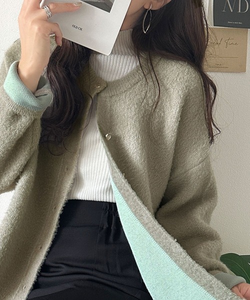 classicalelf(クラシカルエルフ)の「絶妙な配色がお洒落心をくすぐる!ダブルフェイスフェザーカーディガン(カーディガン/ボレロ・レディース・グレイッシュベージュ/チャコール/モカ/ネイビー・LARGE/MEDIUM/X-LARGE/SMALL)」の4枚目の写真