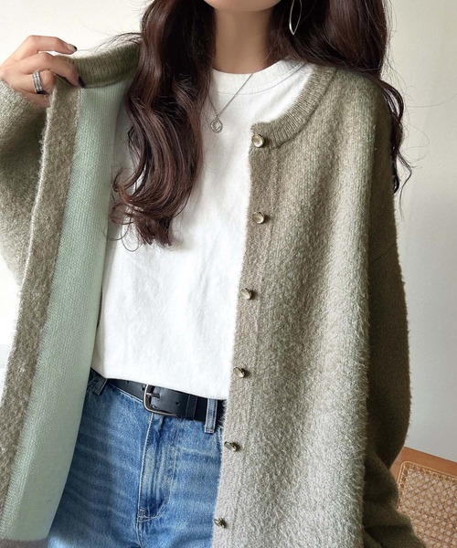 classicalelf(クラシカルエルフ)の「絶妙な配色がお洒落心をくすぐる!ダブルフェイスフェザーカーディガン(カーディガン/ボレロ・レディース・グレイッシュベージュ/チャコール/モカ/ネイビー・LARGE/MEDIUM/X-LARGE/SMALL)」の7枚目の写真